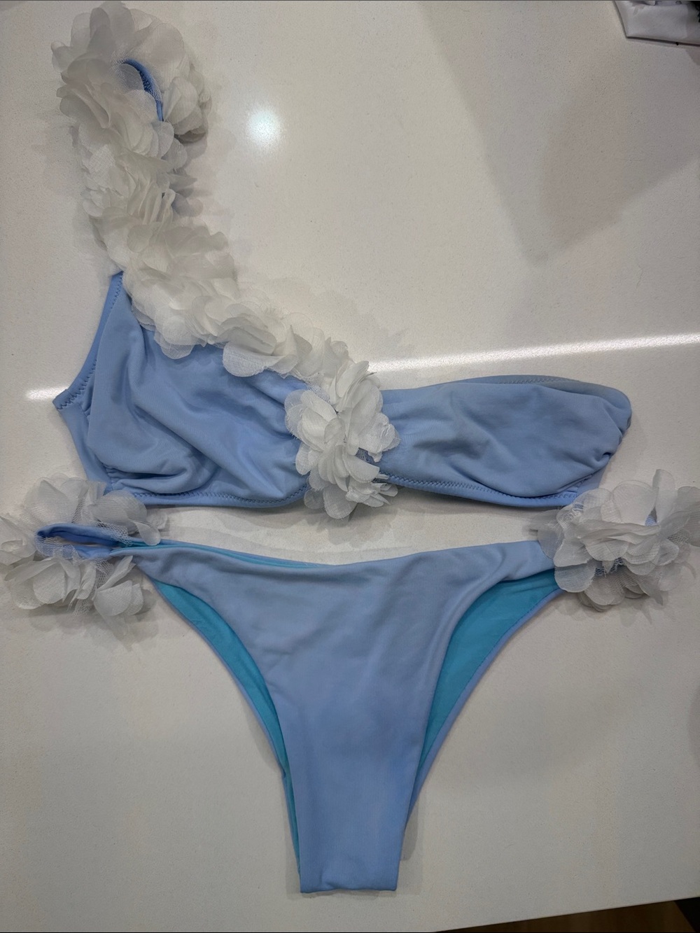 LA REVECHE Dasha One Shoulder Floral Appliqué Bikini Set Blue Size Small
